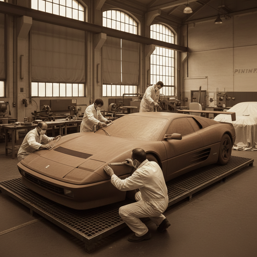 Full-scale Ferrari Pininfarina clay model from 1989 being sculpted with flowing Italian bodywork surfaces — automotive design techniques