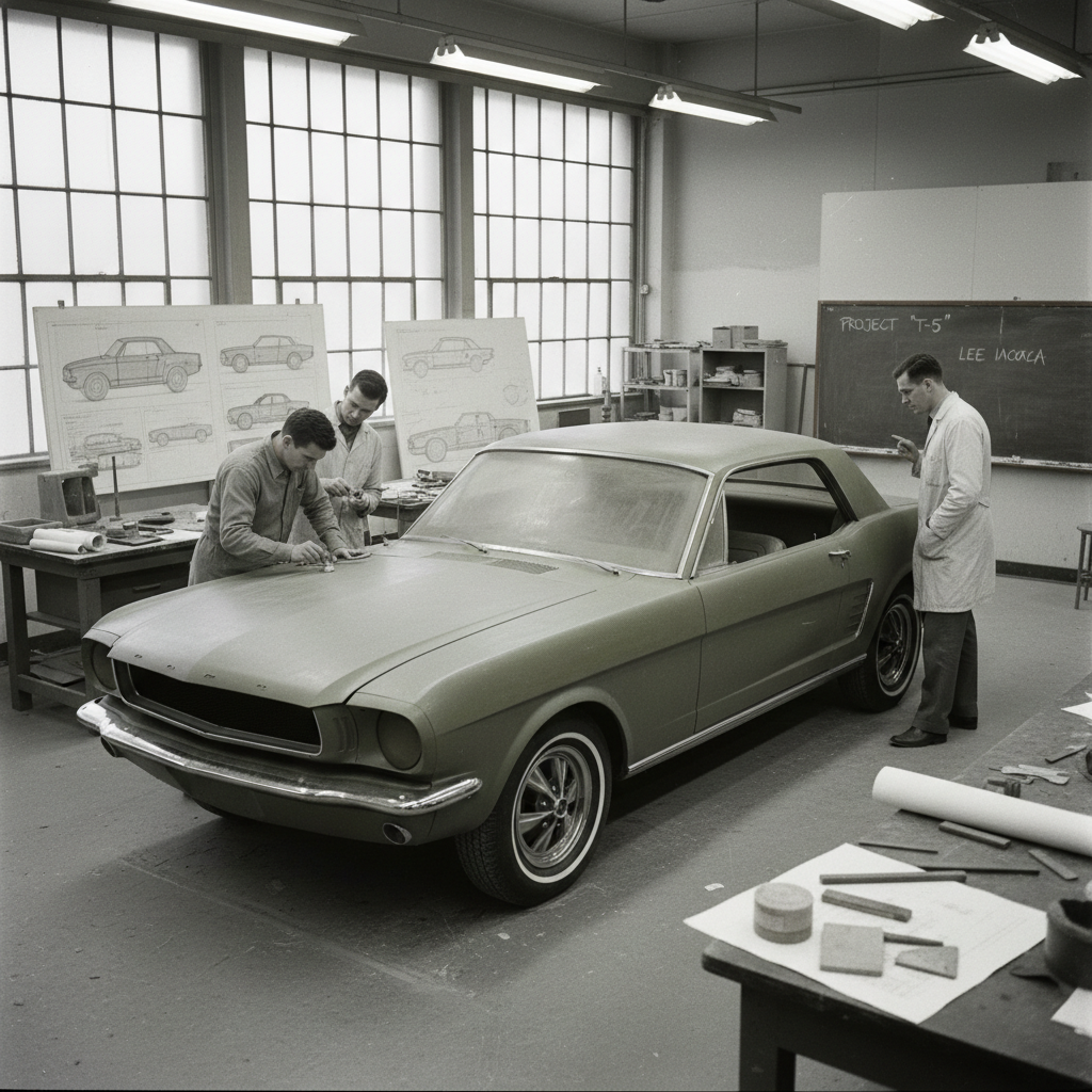 Full-scale Ford Mustang 1963 clay model being sculpted in Ford design studio showing original pony car proportions — transportation design history