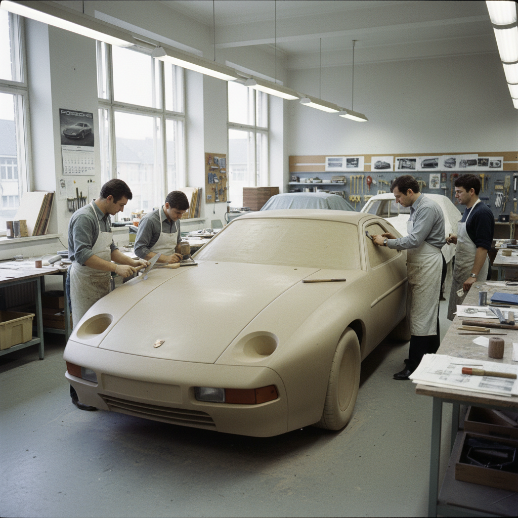 Full-scale Porsche 928 1977 clay model being sculpted in Porsche design studio showing grand tourer proportions — clay modeling techniques